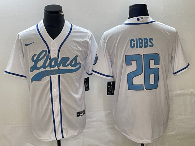 Men's Detroit Lions #26 Jahmyr Gibbs White Cool Base Stitched Baseball Jersey
